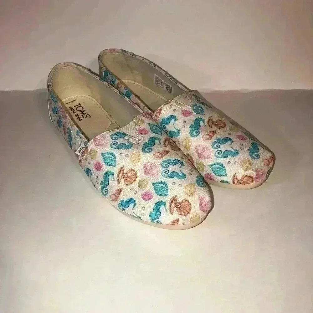 🌊🪼🐬🐠🐡🪸Toms Alpargata Natural Seashell Print women’s size 9.5 🌊🐬🐠🐡🪸🪼